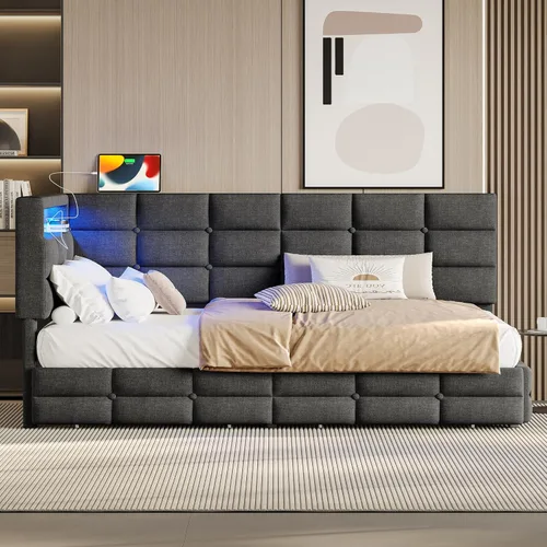 Vista 24 de Cama Diván Moderna Tamaño Twin XL con Cinturón LED y Cama Nido, Marco de Cama Plataforma de Madera con Cabecera Tapizada con Almacenamiento, Sofá