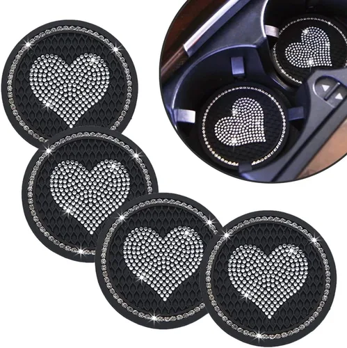 Vista 7 de Posavasos de automóvil para portavasos de automóvil, de 2.75 pulgadas, de silicona, antideslizante, con diamantes de imitación, lindo tapete de Negro