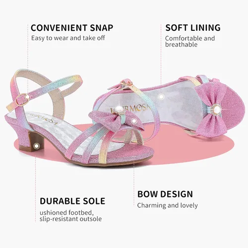 Vista 5 de LAURMOSA Sandalias para niñas, zapatos de vestir para fiesta de boda, puntera abierta, tacones altos con purpurina para niños pequeños y grandes