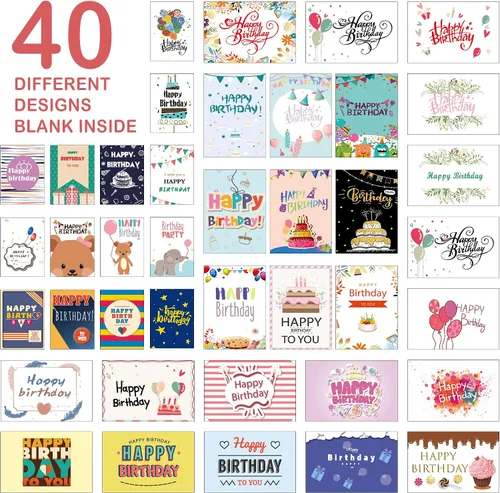 Vista 2 de feela Tarjetas de cumpleaños a granel, paquete de 40 diseños de 40 diseños, caja surtida de tarjetas de feliz cumpleaños con 40 sobres en blanco, 48