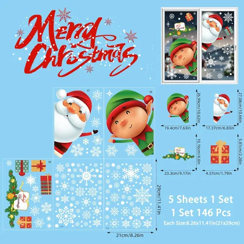 Vista 6 de 146 calcomanías navideñas de copo de nieve para ventanas, adhesivos de ventana de Navidad, calcomanías de Navidad de doble cara, Papá Noel, elfo