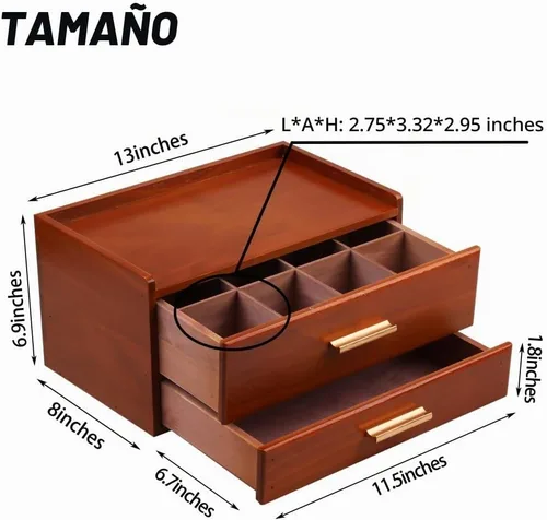Vista 3 de Organizadores de té con cajón, caja de té de madera, color marrón marrón (02)