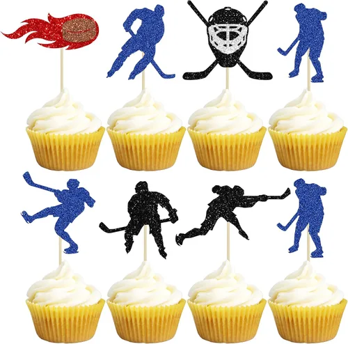 Vista 9 de Gyufise 24 adornos de hockey para cupcakes con purpurina negra, jugadores de hockey con purpurina, selecciones de cupcakes, hockey sobre hielo