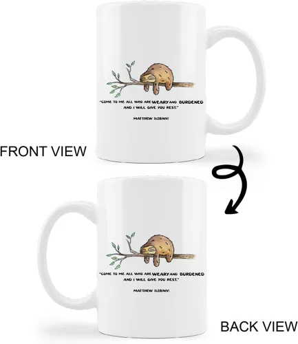 Vista 4 de Tazas divertidas de perezoso, Mateo 11:28, versículo bíblico, taza de cerámica con texto en inglés "Come to Me", taza de café con leche, taza de té