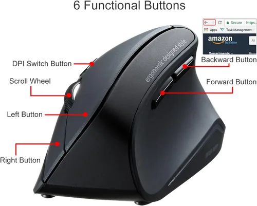 Vista 5 de SANWA Bluetooth Wireless Ergonomic Mouse, Optical Vertical Computer Mice, Silent Noiseless Click, Reduce Wrist Strain, (80012001600 DPI, 6 Buttons)