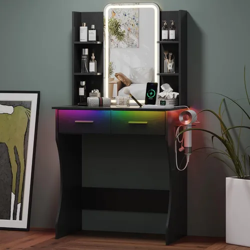 Vista 11 de HUANLEGO Pequeño escritorio rosa con espejo y luces para mujeres y niñas