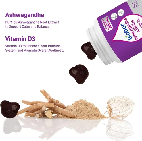 Vista 4 de Biobor Gomitas Ashwagandha, extracto de raíz de Ashwagandha KSM-66 con vitamina D3, apoyo de relajación y apoyo inmunológico para adultos, sin OMG