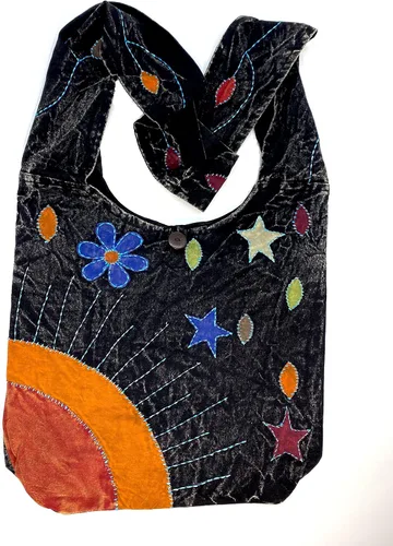 Vista 3 de Elements of Nature - Bolso cruzado estilo hippy hippy bohemio cosido a mano, color negro, grande, Varios colores, Hippie