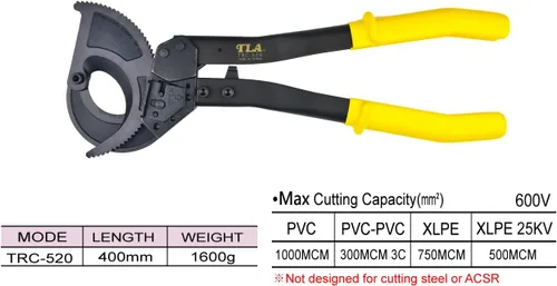 Vista 2 de Teleantool (TLA) TRC-520 - Cortador de cable de trinquete – Cortador resistente para cobre y aluminio, corta hasta 1000 MCM, ideal para trabajos