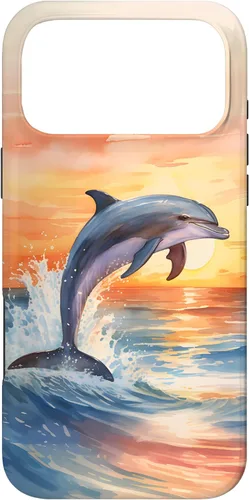 Vista 22 de Dolphin Jumping Sunset Over Ocean Watercolor Art Case for iPhone 17