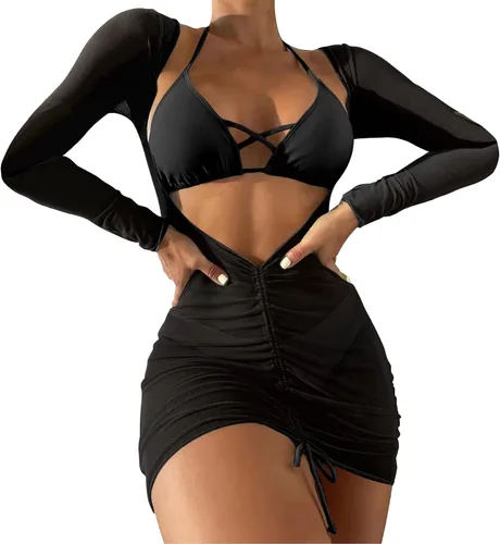 Vista 6 de SherryDC Traje de baño sexy de 3 piezas para mujer, conjunto de bikini triangular con cuello halter y manga larga, traje de baño con cordón