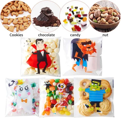 Vista 2 de CCINEE 200 bolsas de golosinas de Halloween, bolsas transparentes autoadhesivas para dulces, bolsas de plástico de celofán para galletas, regalos