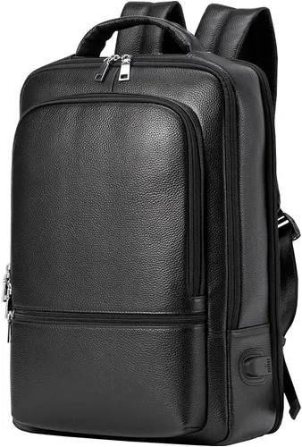 Vista 9 de Mochila para portátil de cuero genuino de 15.6 pulgadas para hombres y mujeres, mochila de viaje de negocios, mochila de senderismo (1#negro)