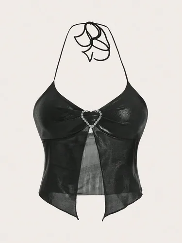 Vista 5 de Verdusa Top halter asimétrico fruncido con diamantes de imitación y espalda descubierta para mujer