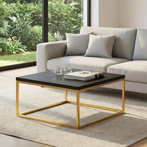 Vista 5 de CENSI Mesa de centro cuadrada de 30 pulgadas, mesa central de sala de estar de roble negro y dorado, estilo moderno estilo glamuroso industrial