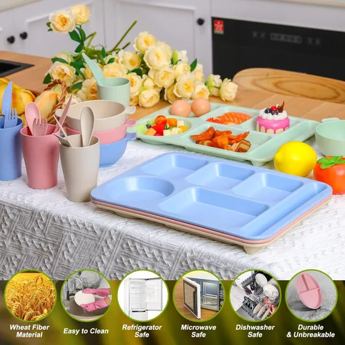 Vista 4 de Bokon Juego de 24 platos divididos para adultos de paja de trigo, juego de cubiertos para niños pequeños, apto para microondas, picnic, escuela