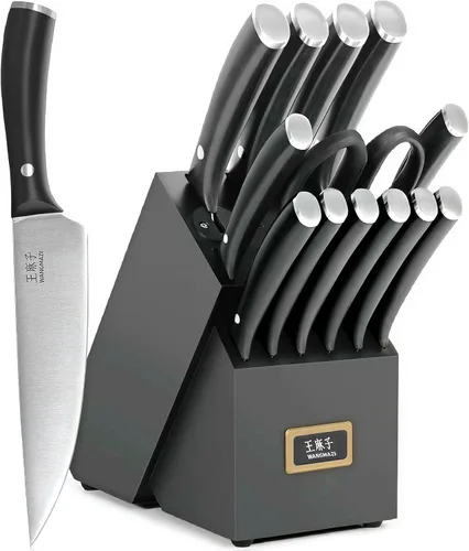 Vista 9 de WANGMAZI Juego de cuchillos de cocina de 15 piezas con afilador integrado, juego de cuchillos de cocina aptos para lavavajillas, cuchillos de acero