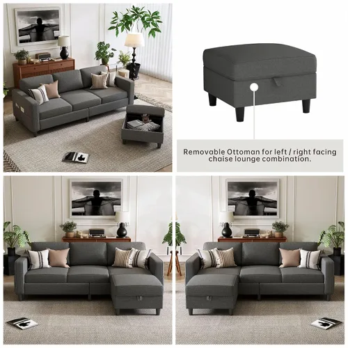 Vista 5 de Sofás Seccionales para Sala de Estar - Sofá Moderno en Forma de L Gris Oscuro de 3 Asientos con Otomana de Almacenamiento Reversible y Bolsillos