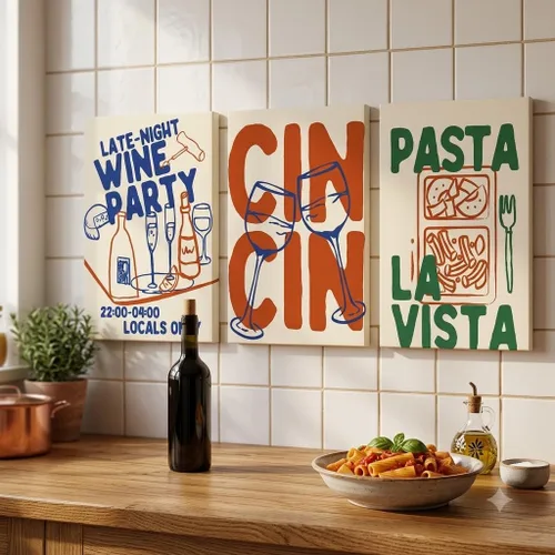 Vista 2 de 3 Piece Wine Canvas Wall Art, Retro Kitchen Poster Prints for Dining Room (08×12inches*3pcs)