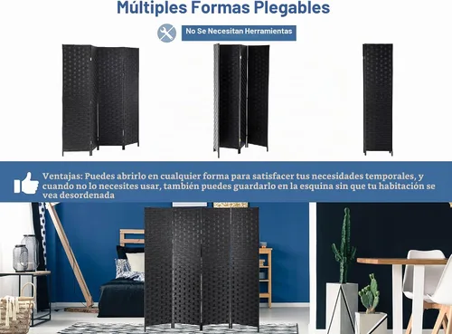 Vista 5 de Divisor de habitación de madera de 4 paneles de 6 pies de alto, divisor de pared de privacidad plegable de madera, pantalla de división portátil