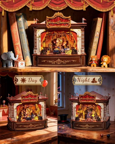Vista 4 de CUTEBEE Rompecabezas de Madera 3D Caja de Música – Tiovivo Rincón de Libros DIY, Kit de Construcción de Modelo Mecánico Giratorio, Kit de Caja