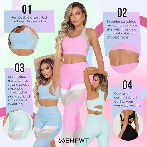 Vista 3 de EMPWT Conjunto de entrenamiento para mujer, 2 piezas, leggings de cintura alta con textura acanalada, sin costuras, brasier deportivo, conjuntos