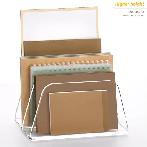 Vista 3 de SANRUI Organizador de correo acrílico para escritorio, soporte vertical para cartas, estantería transparente, 2 ranuras, clasificador de archivos