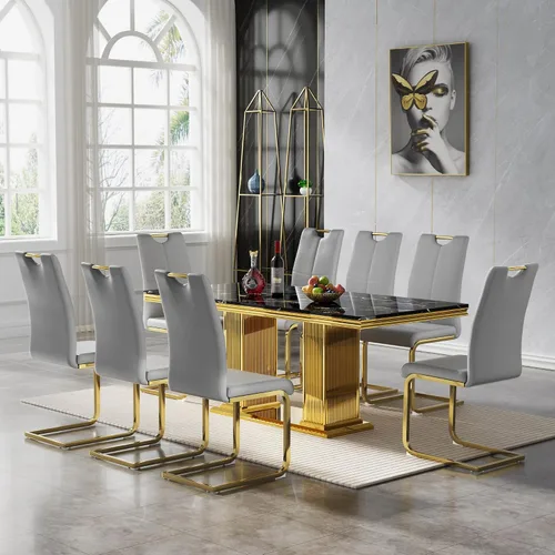 Vista 40 de 5 Piece Black Marble Dining Table Set for 4, Modern Faux Marble Kitchen Dining Room Tables with 4 Leather Chairs Set, 68.11" Luxury Rectangular
