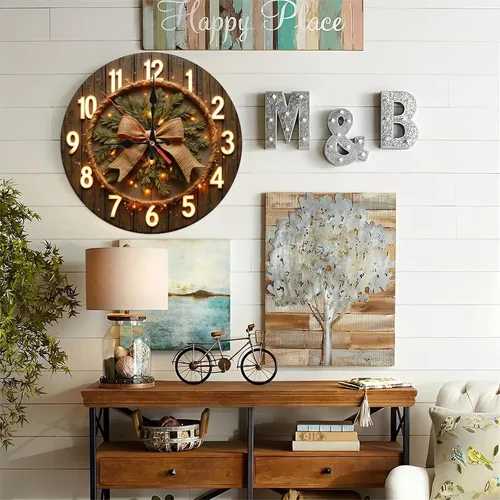 Vista 6 de Illuminated Bow & Pine Wreath Wooden Wall Clock 25x25cm
