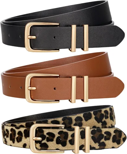 Vista 17 de Paquete de 3 cinturones para mujer con hebilla dorada para jeans y vestidos A-negro+marrón+beige
