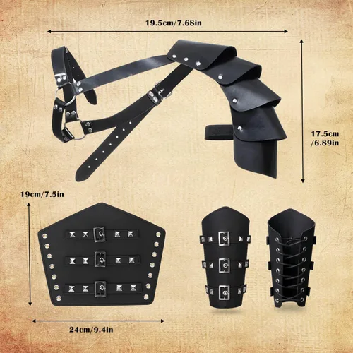 Vista 6 de Juego de 4 accesorios renacentistas medievales con cinturón vikingo, brazaletes de cuero, armadura de hombro, botella mágica, disfraces medievales