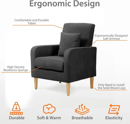 Vista 4 de OS MOTOR Sofá tapizado con almohada, sillón de tela con patas de madera, cómoda silla de descanso para sala de estar, dormitorio u oficina, soporta