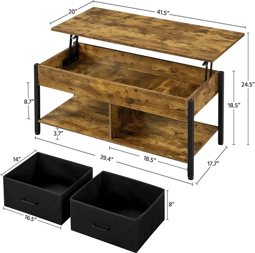 Vista 3 de Yaheetech Mesa auxiliar elevable con almacenamiento y 2 cestas de tela, mesa de centro de madera de 41.5 pulgadas para sala de estar y oficina