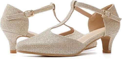 Vista 7 de kkdom Zapatos de tacón bajo con correa en T y puntera cerrada para mujer