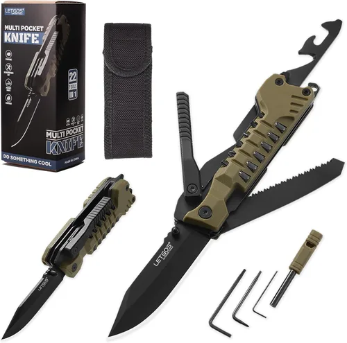 Vista 10 de Cuchillo multibolsillo, 22 en 1, herramientas EDC de equipo de supervivencia con funda de nailon, emergencia, campamento, senderismo, caza, regalo