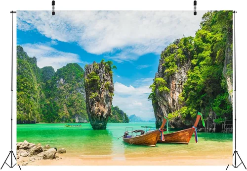 Vista 3 de Telón de fondo de tela de 5 x 3 pies de la isla de Phuket, Tailandia, barco, verano, playa, fotografía, fondo para adultos, retratos, boda, viajes