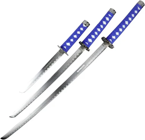 Vista 2 de Juego de 3 azul claro dragón sanurai espada Corbon cuchillas de acero con soporte