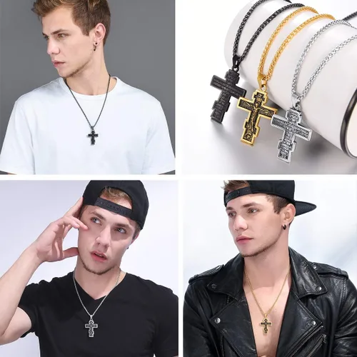 Vista 6 de U7 Colgante de cruz ortodoxa rusamanos rezandosigno de Ichthys para hombres y mujeres, acero inoxidable chapado en oro de 18 quilates, collar