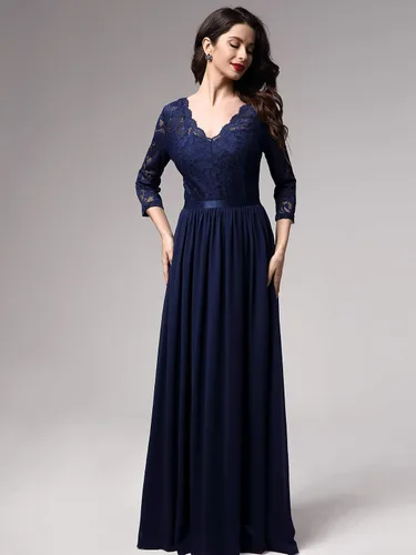 Vista 3 de MISSMAY Vestido largo formal de noche con cuello en V y encaje floral vintage para mujer