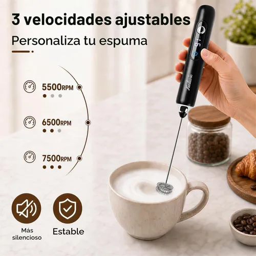Vista 2 de Varita espumadora de leche recargable de mano con 3 cabezales Negro-De Mano