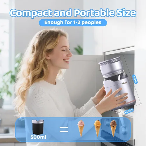 Vista 4 de BRIOBITE Máquina de helados, máquina de helado suave recargable con bajo ruido, compacta para 1-2 porciones, perfecta para sorbete, gelato, yogur
