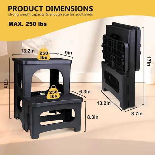 Vista 5 de AMOISE Amoise Taburete plegable de 2 escalones, reposapiés portátil antideslizante de 8 y 17 pulgadas de altura doble, soporta 300 libras