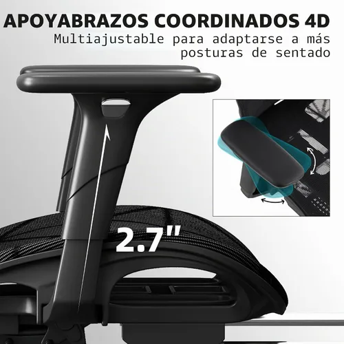 Vista 5 de Silla de oficina con soporte lumbar ajustable 3D, silla ergonómica para computadora, reposacabezas y reposabrazos ajustables, capacidad de 400