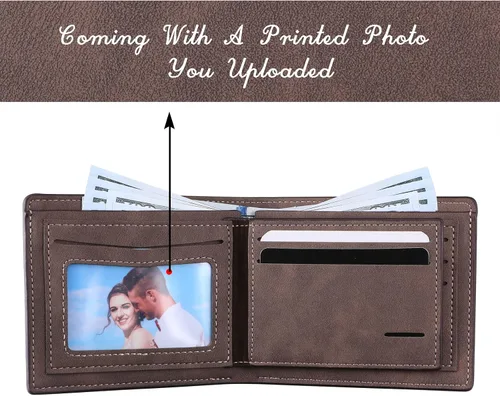 Vista 17 de INBLUE Billetera plegable grabada personalizada, cartera de cuero personalizada con foto y texto grabado, regalos para hombres, marido, papá, hijo