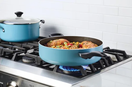 Vista 2 de Farberware Olla grande antiadherente apta para lavavajillas/sartén con asa auxiliar - aluminio, 6 cuartos, azul
