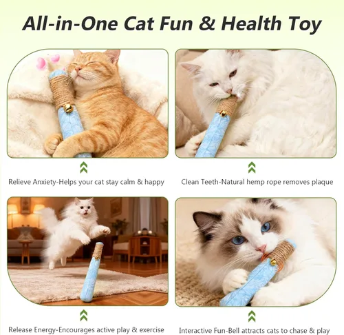 Vista 5 de Paquete de 3 juguetes de hierba gatera para gatos, divertidos juguetes para gatos con cuerda dental y cascabel, juguetes 100% orgánicos de hierba
