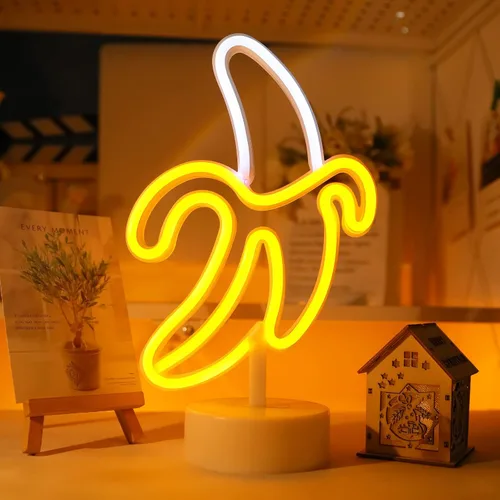 Vista 5 de Letrero de neón de plátano, luz LED WIOSOUL Banana con base para decoración de mesa, lámpara LED USB / batería alimentada por batería para hombre