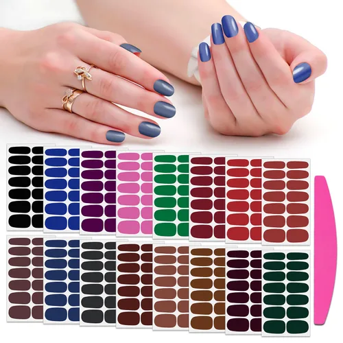Vista 10 de 224 piezas de 16 hojas de tiras de esmalte de uñas de color sólido, calcomanías adhesivas de uñas completas para mujeres, tiras de uñas de gel