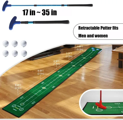 Vista 3 de Juego de putting de golf, juego de putting verde para interiores, tapete de golf desmontable, incluye 1 putter, 6 pelotas de golf, 3 tazas de golf
