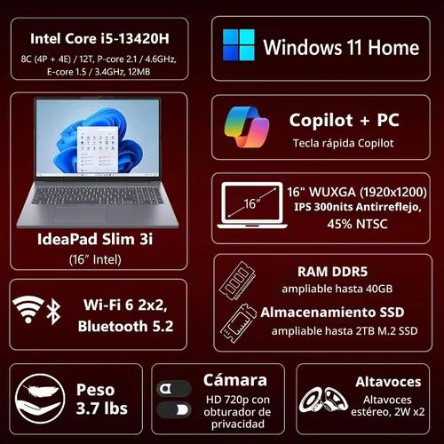 Vista 2 de Lenovo Portátil empresarial de 16", 8 GB de RAM, SSD de 256 GB, Intel 8